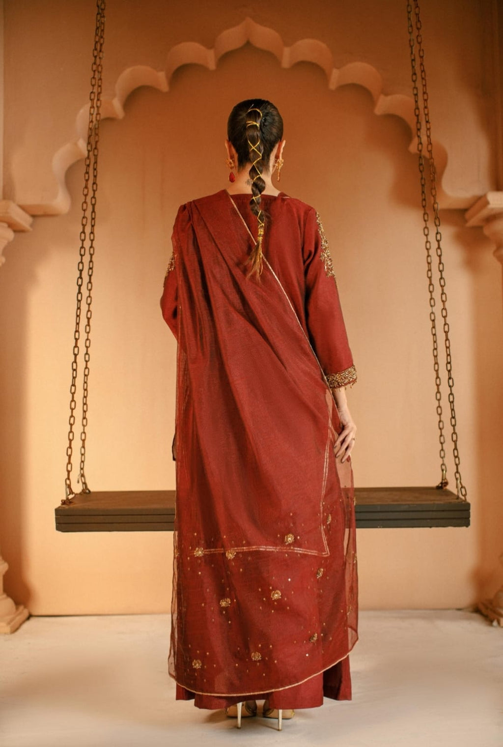 3-Piece Maroon Embroidered Cotton Net