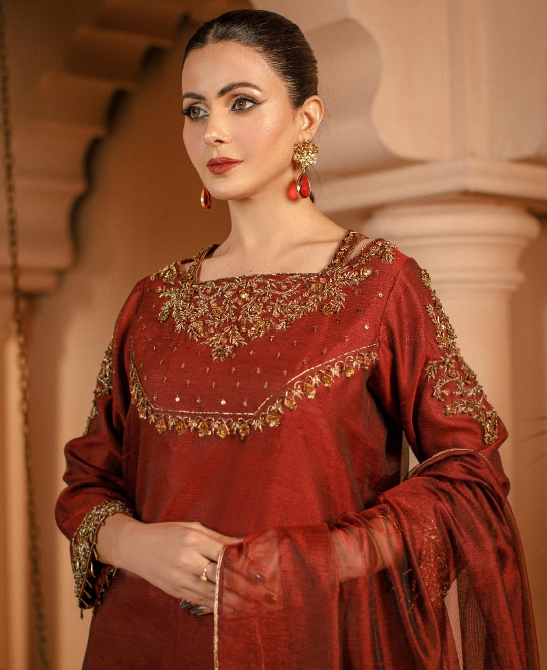 3-Piece Maroon Embroidered Cotton Net