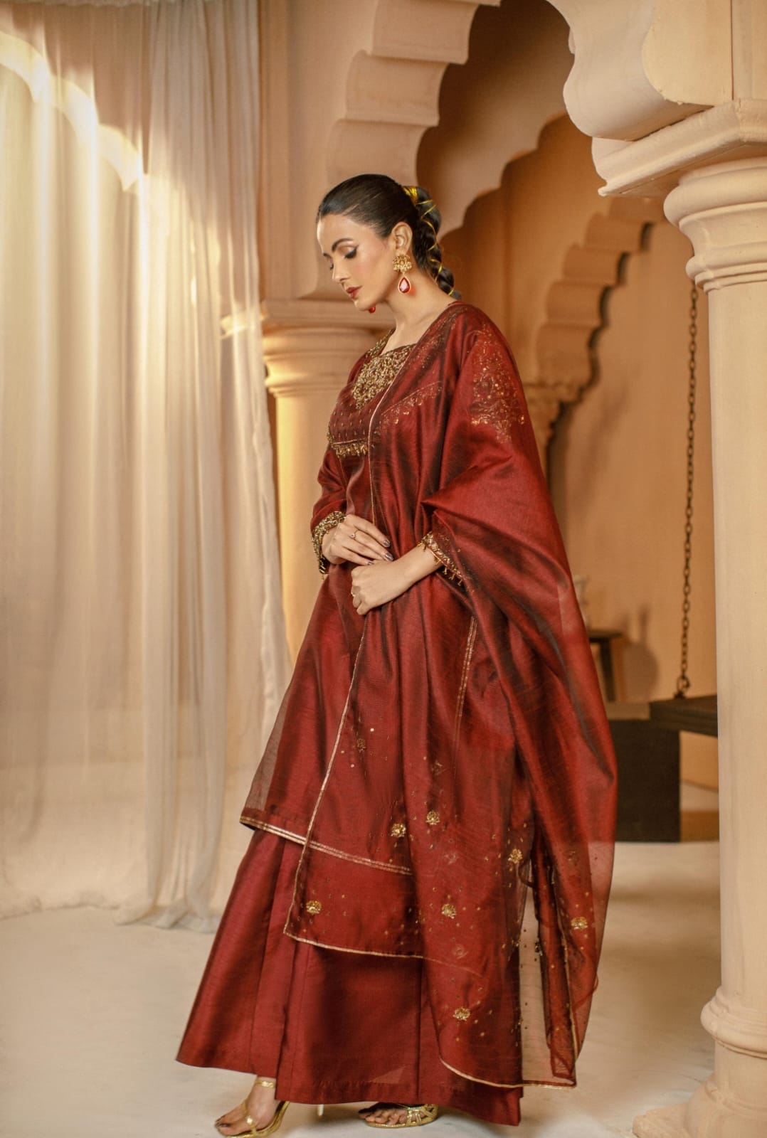 3-Piece Maroon Embroidered Cotton Net