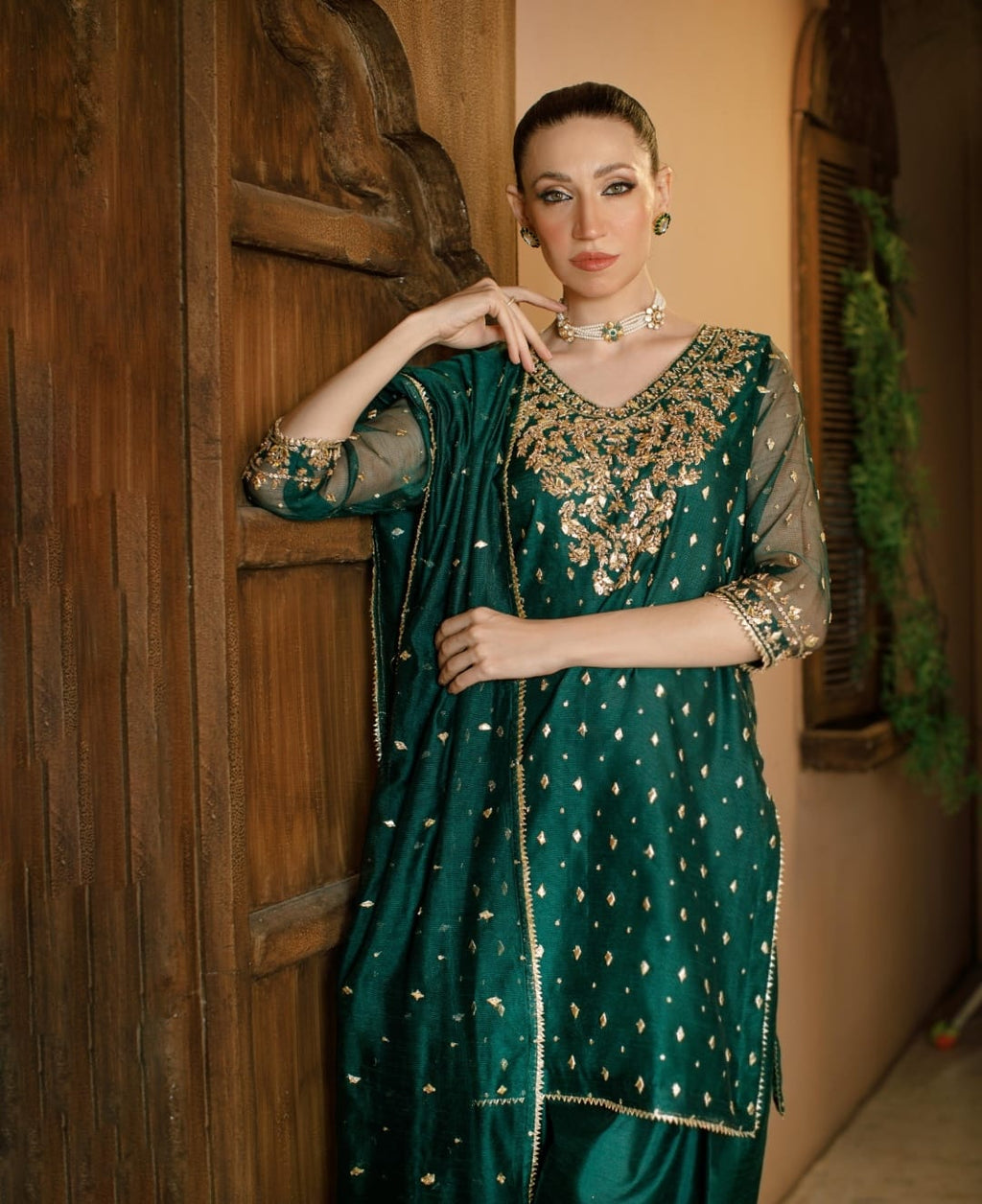 3-Piece Green Embroidered Cotton Net