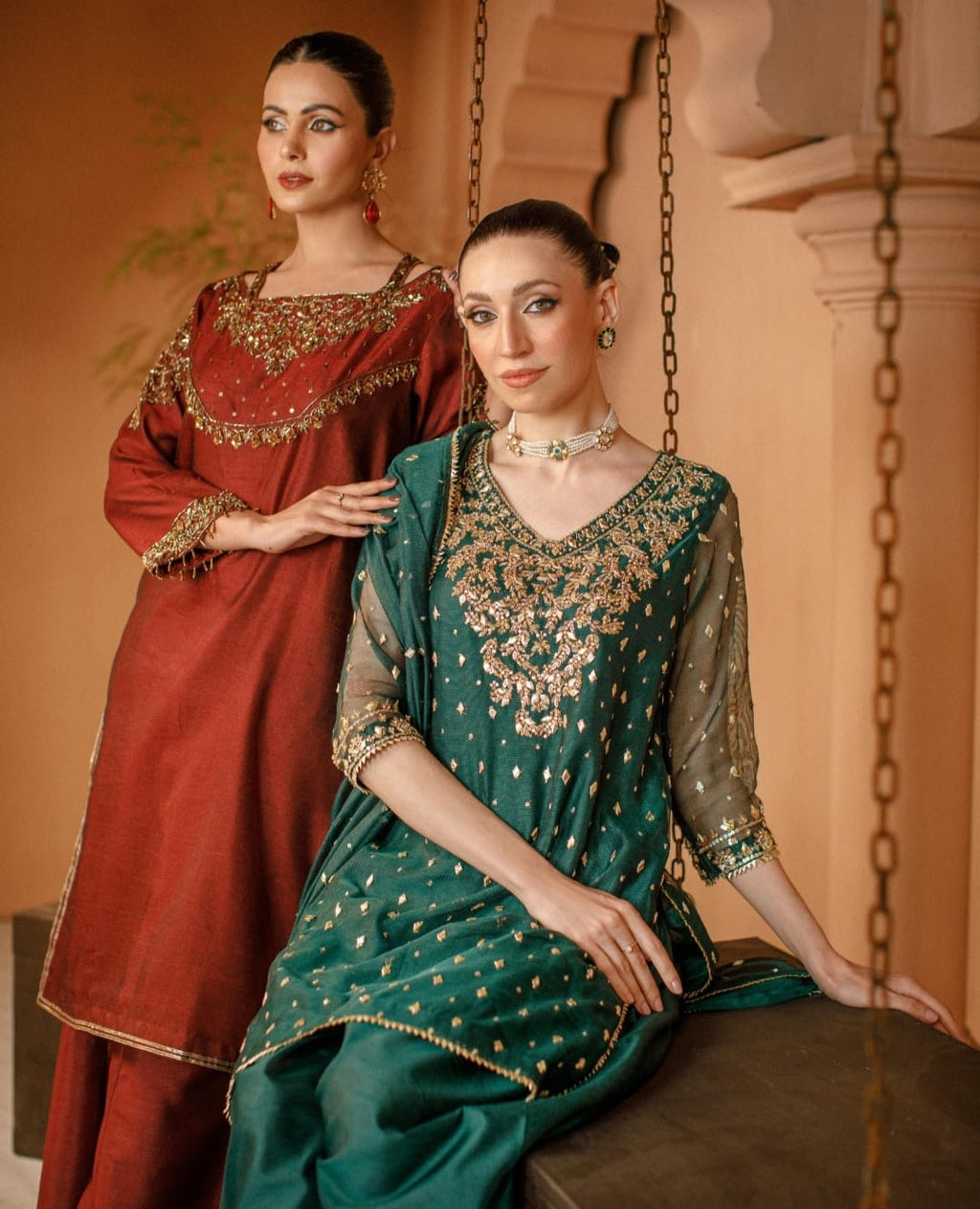 3-Piece Green Embroidered Cotton Net