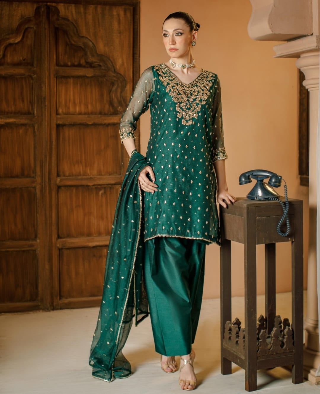 3-Piece Green Embroidered Cotton Net