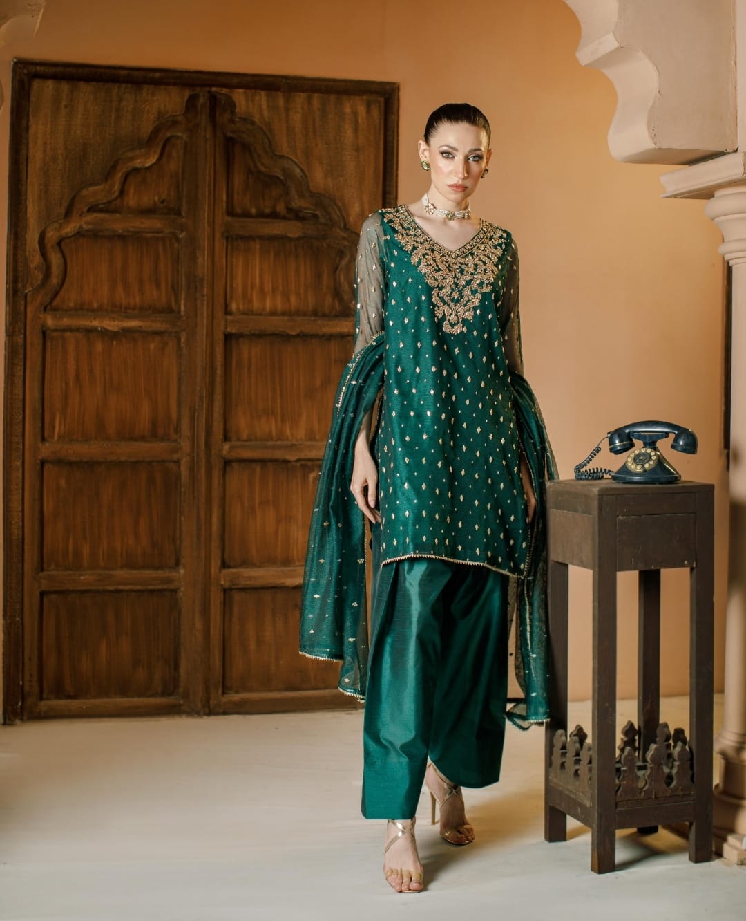 3-Piece Green Embroidered Cotton Net