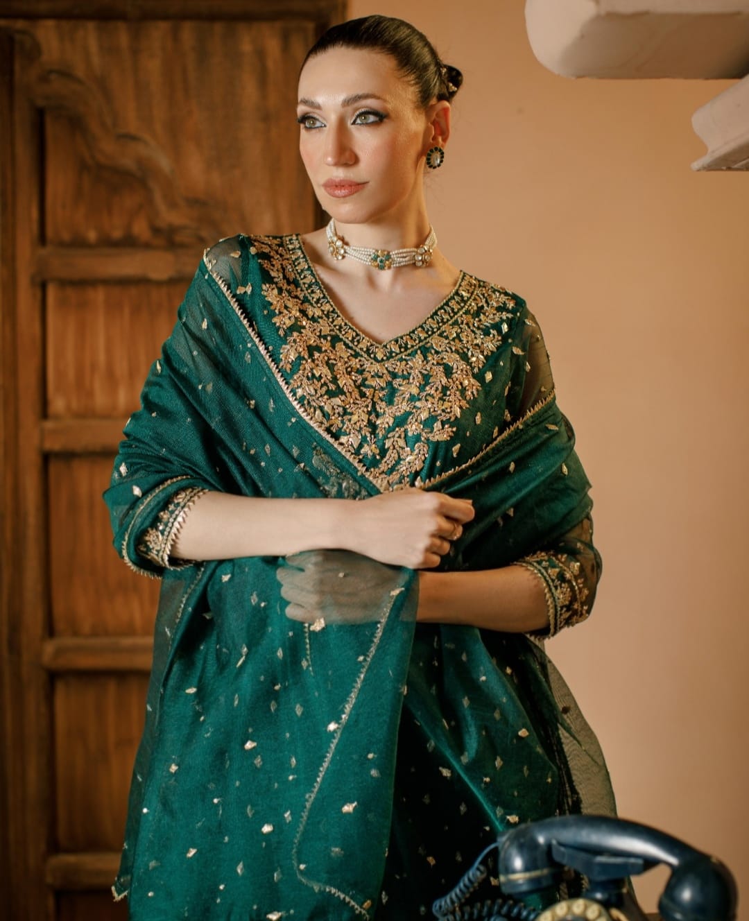 3-Piece Green Embroidered Cotton Net