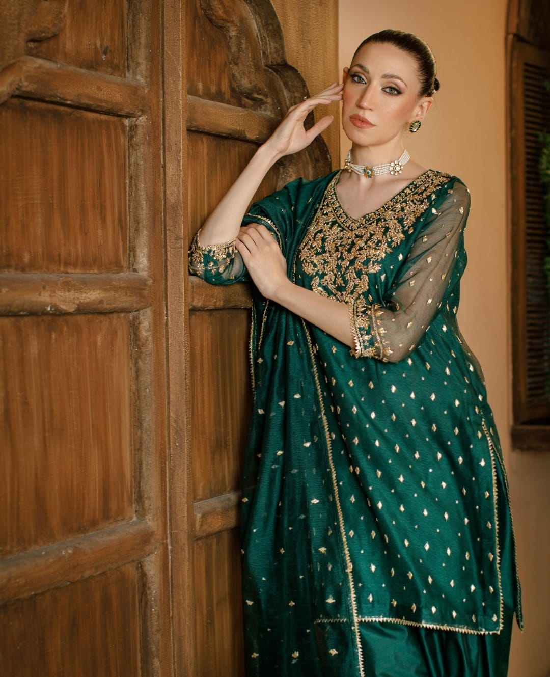 3-Piece Green Embroidered Cotton Net