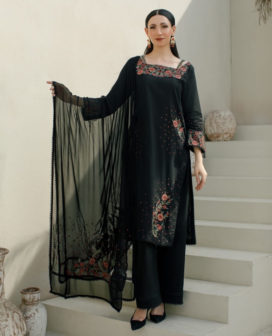 3-Piece Black Embroidered Lawn