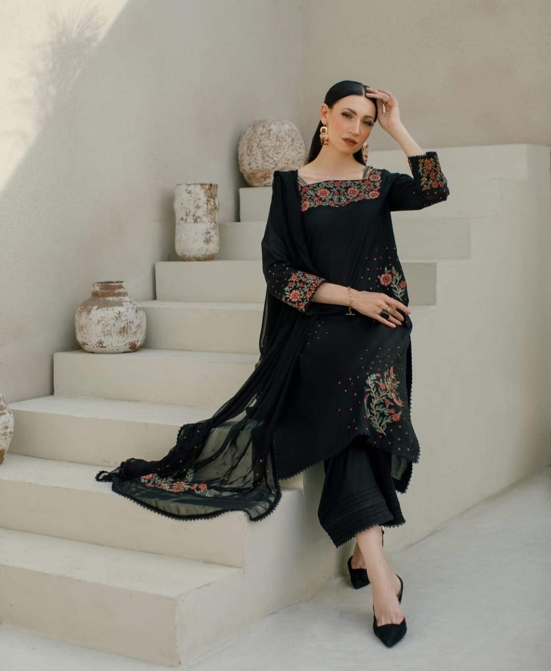 3-Piece Black Embroidered Lawn