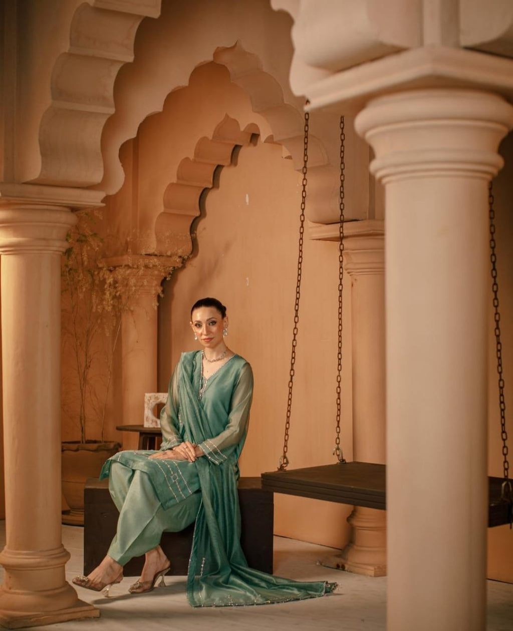 3-Piece Aqua Embroidered Cotton Net