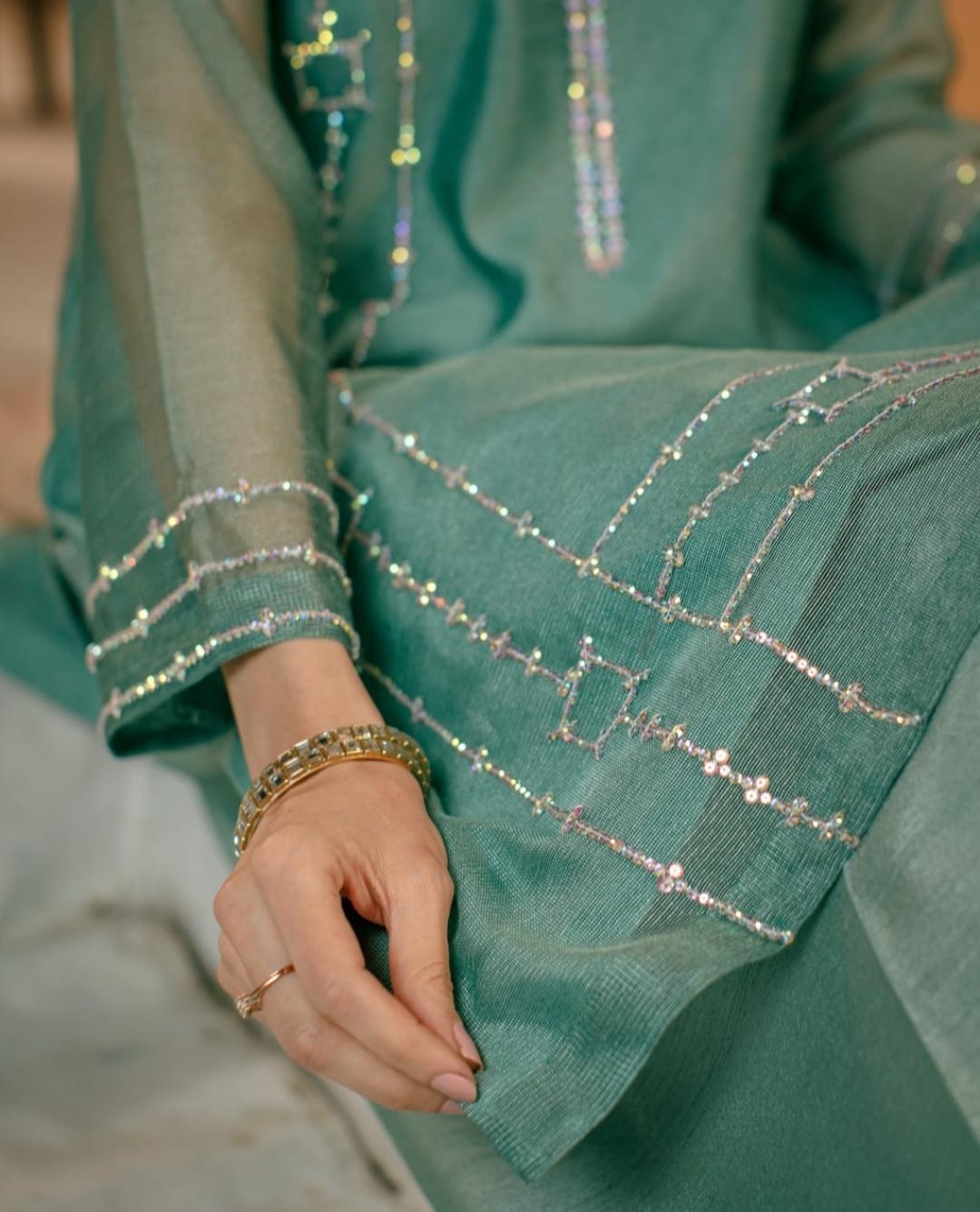 3-Piece Aqua Embroidered Cotton Net