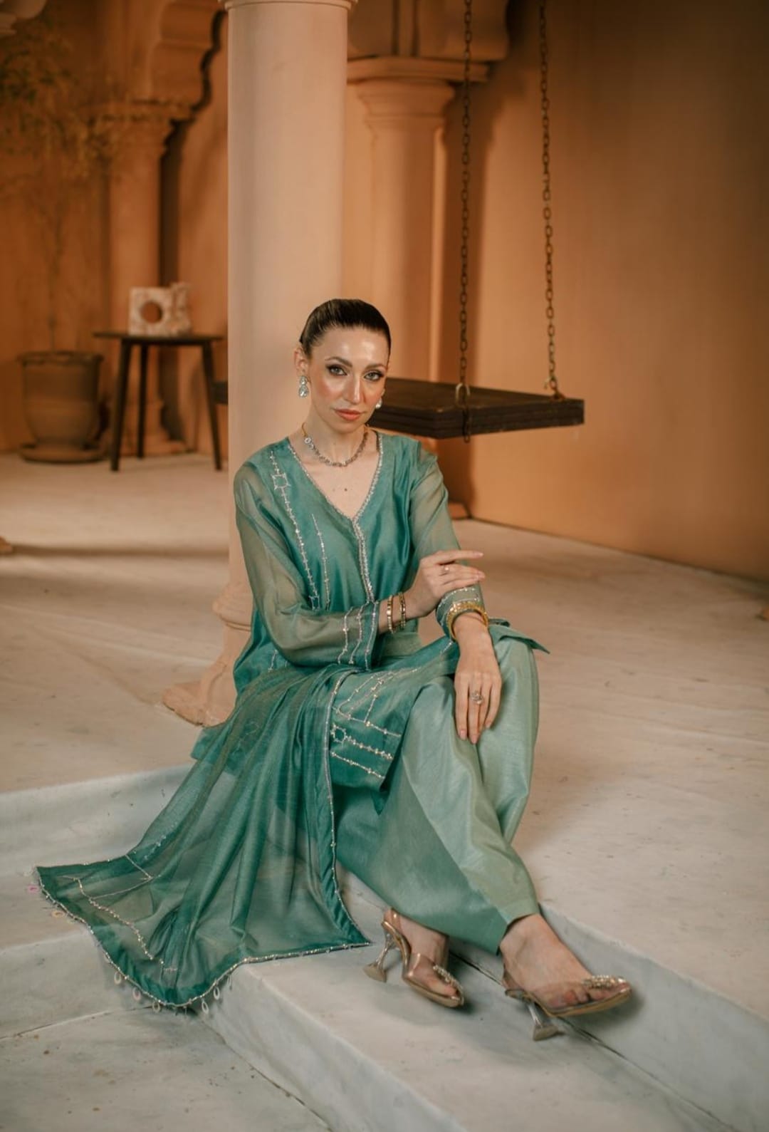 3-Piece Aqua Embroidered Cotton Net