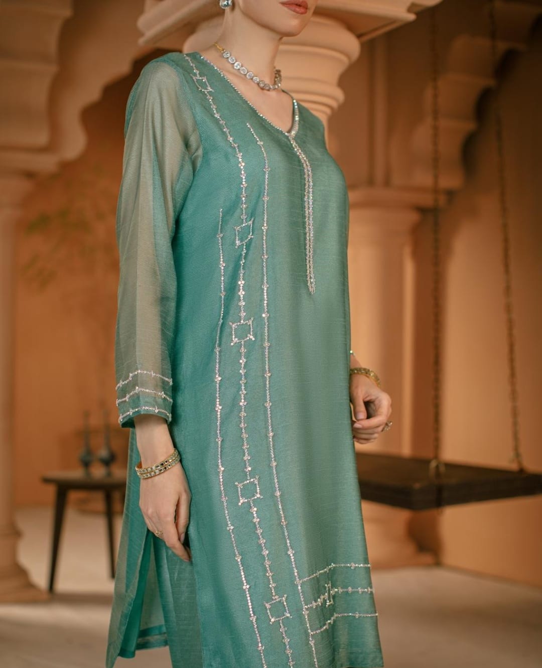 3-Piece Aqua Embroidered Cotton Net