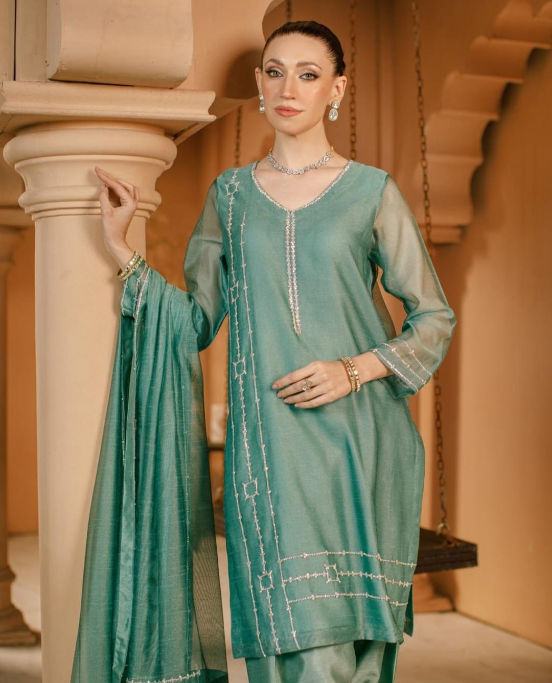 3-Piece Aqua Embroidered Cotton Net