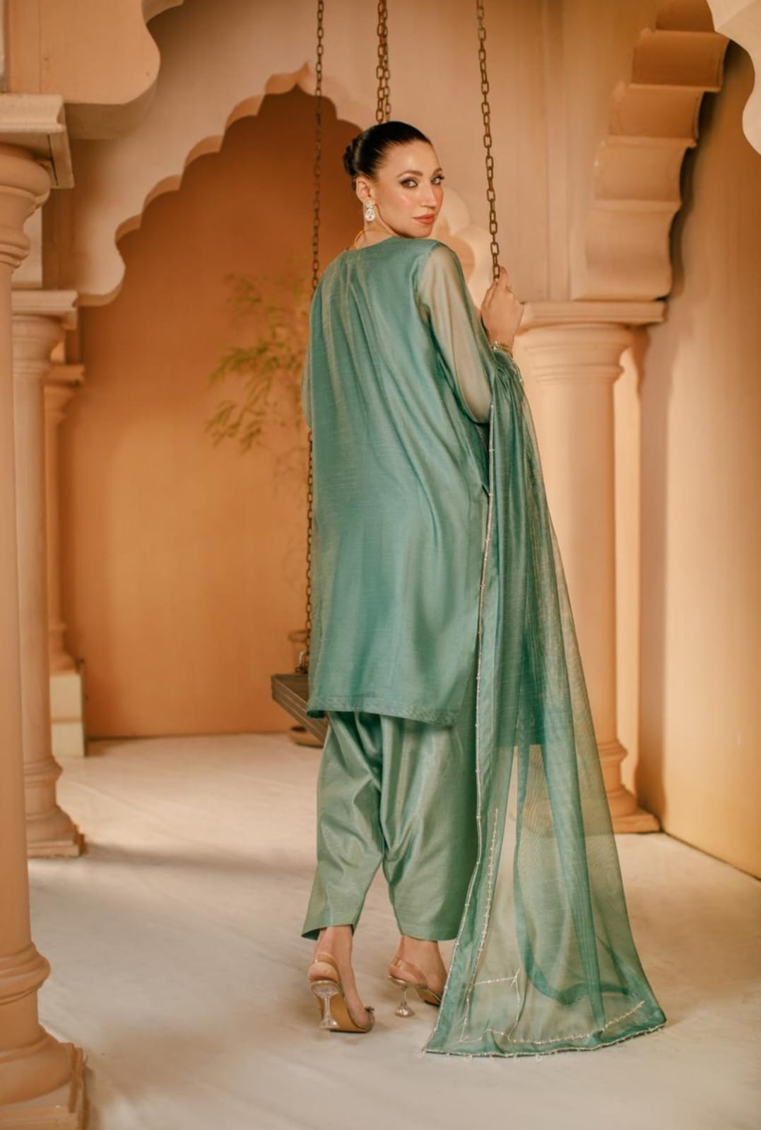 3-Piece Aqua Embroidered Cotton Net