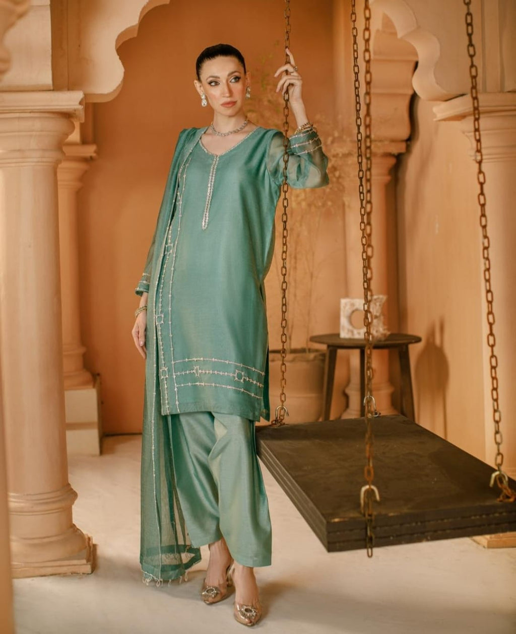 3-Piece Aqua Embroidered Cotton Net