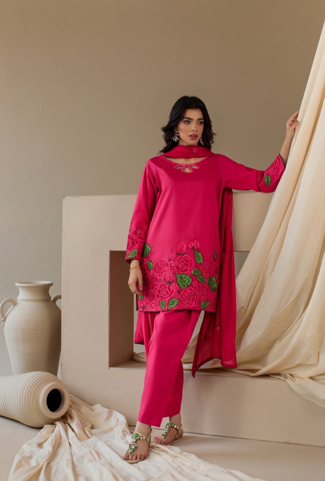3-Piece Hot Pink Embroidered Lawn