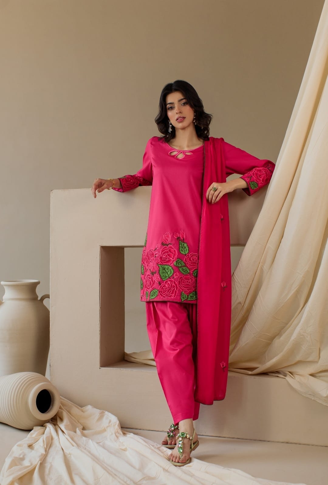 3-Piece Hot Pink Embroidered Lawn