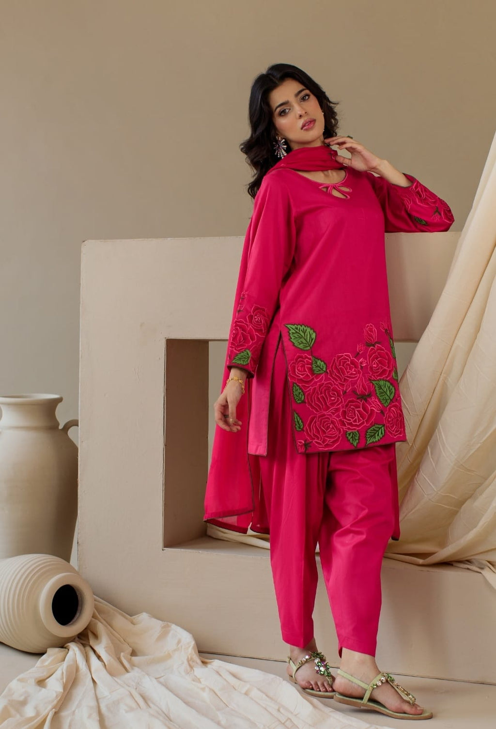 3-Piece Hot Pink Embroidered Lawn