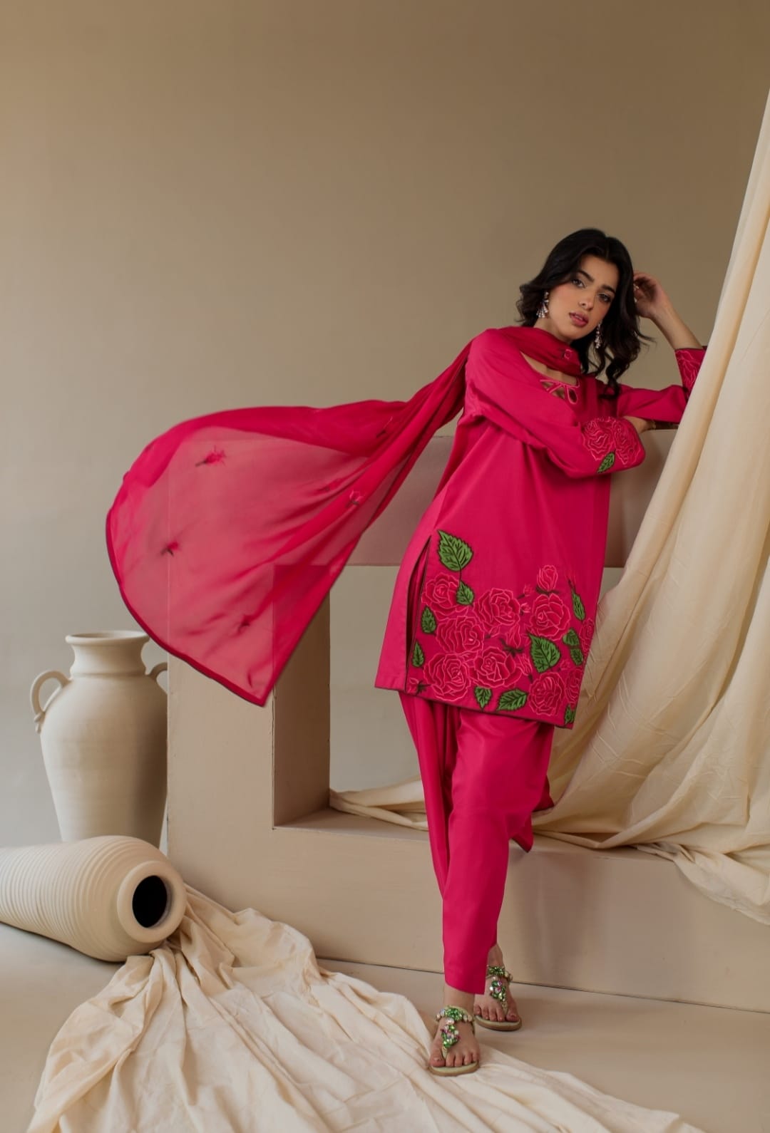 3-Piece Hot Pink Embroidered Lawn
