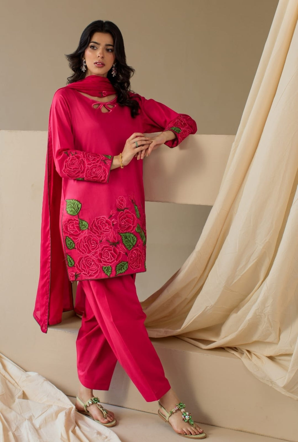 3-Piece Hot Pink Embroidered Lawn