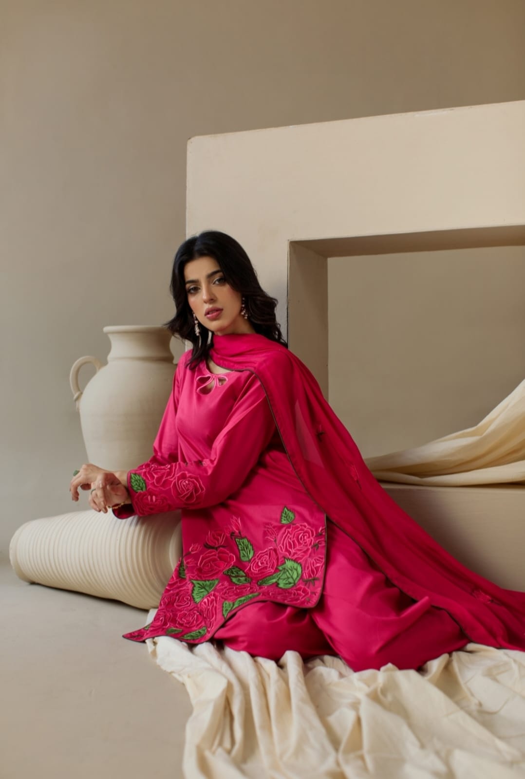 3-Piece Hot Pink Embroidered Lawn