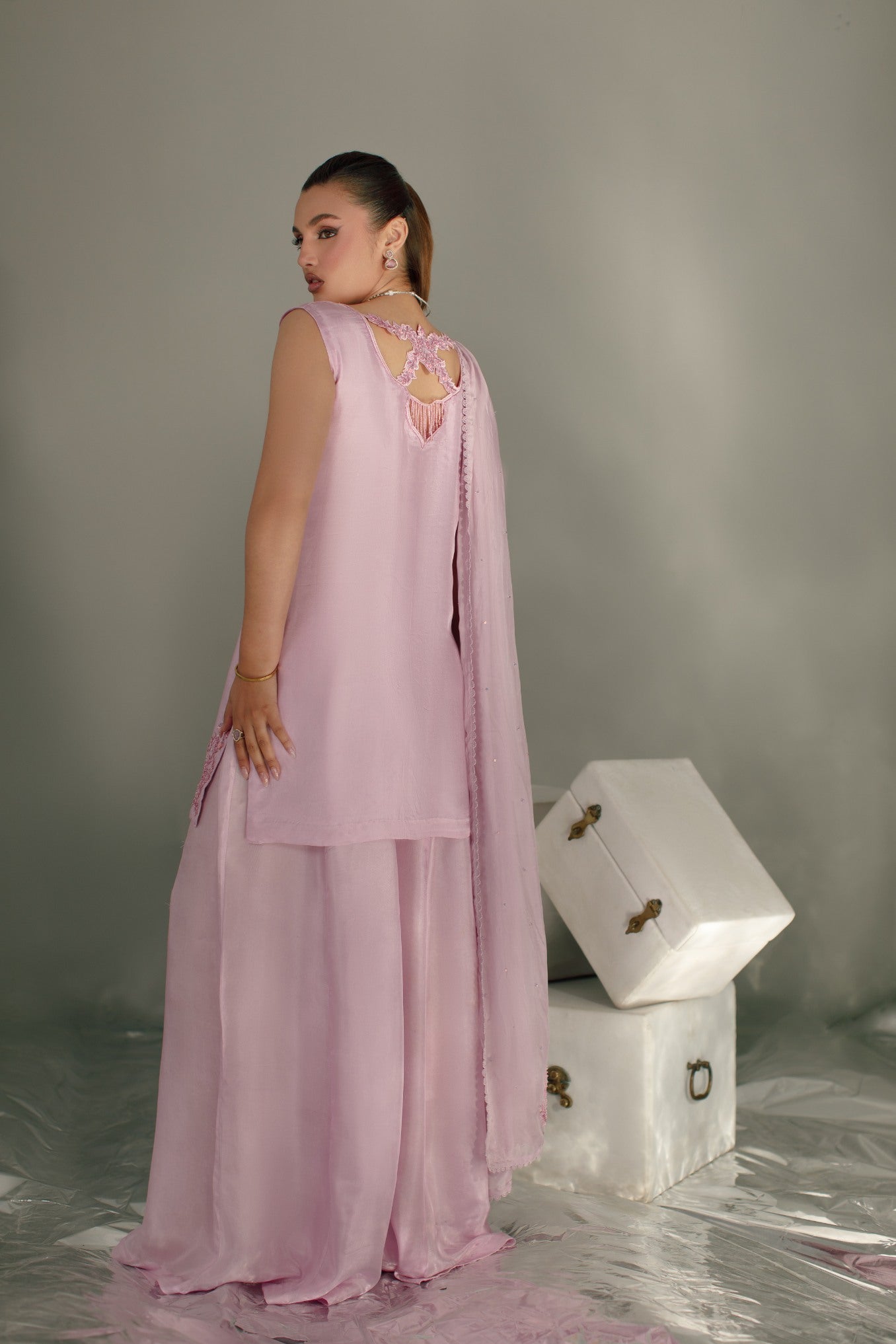 3-Piece Pastel Lilac Tassel Silk Embroidered