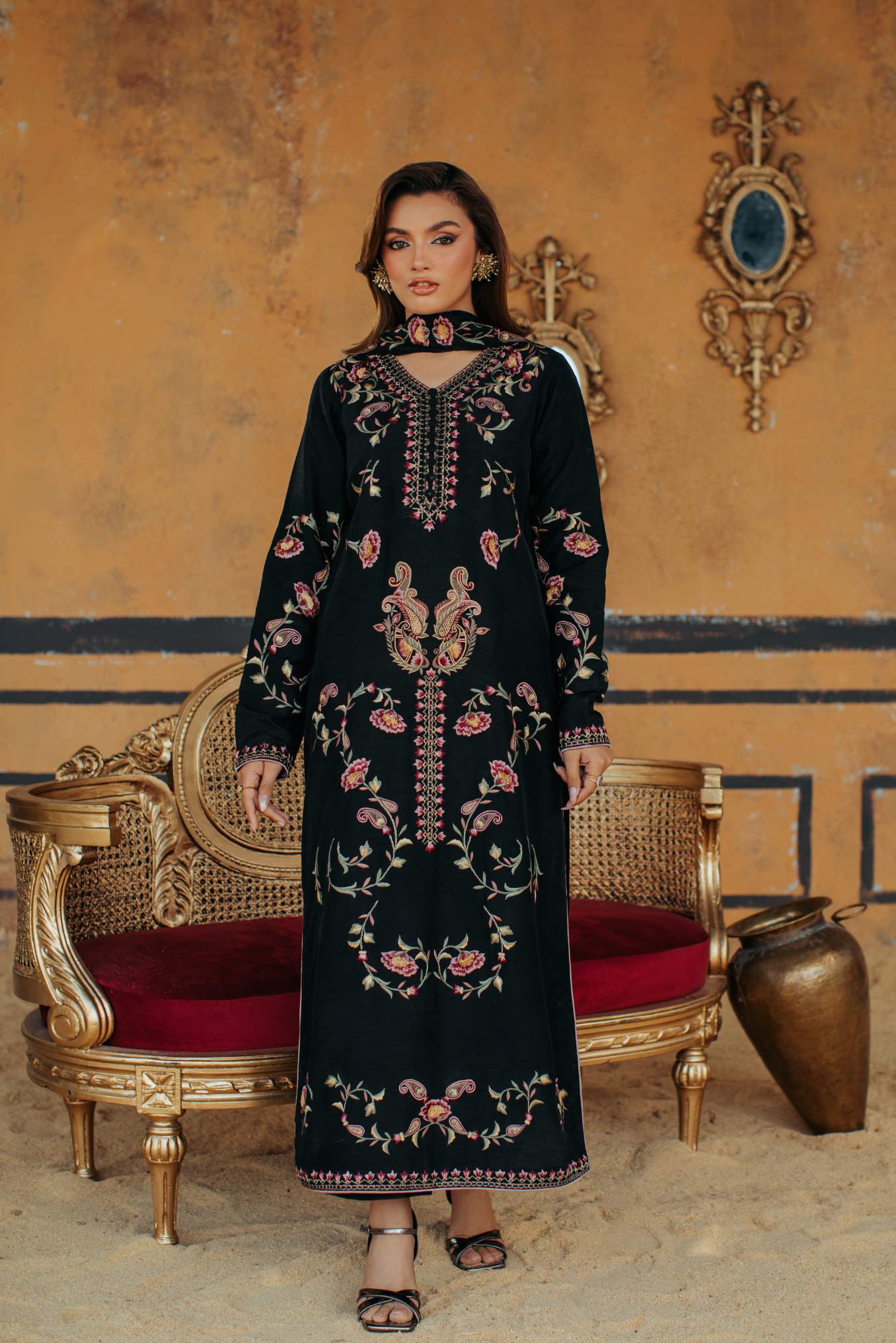 3-Piece Black Korean Raw Silk Embroidered