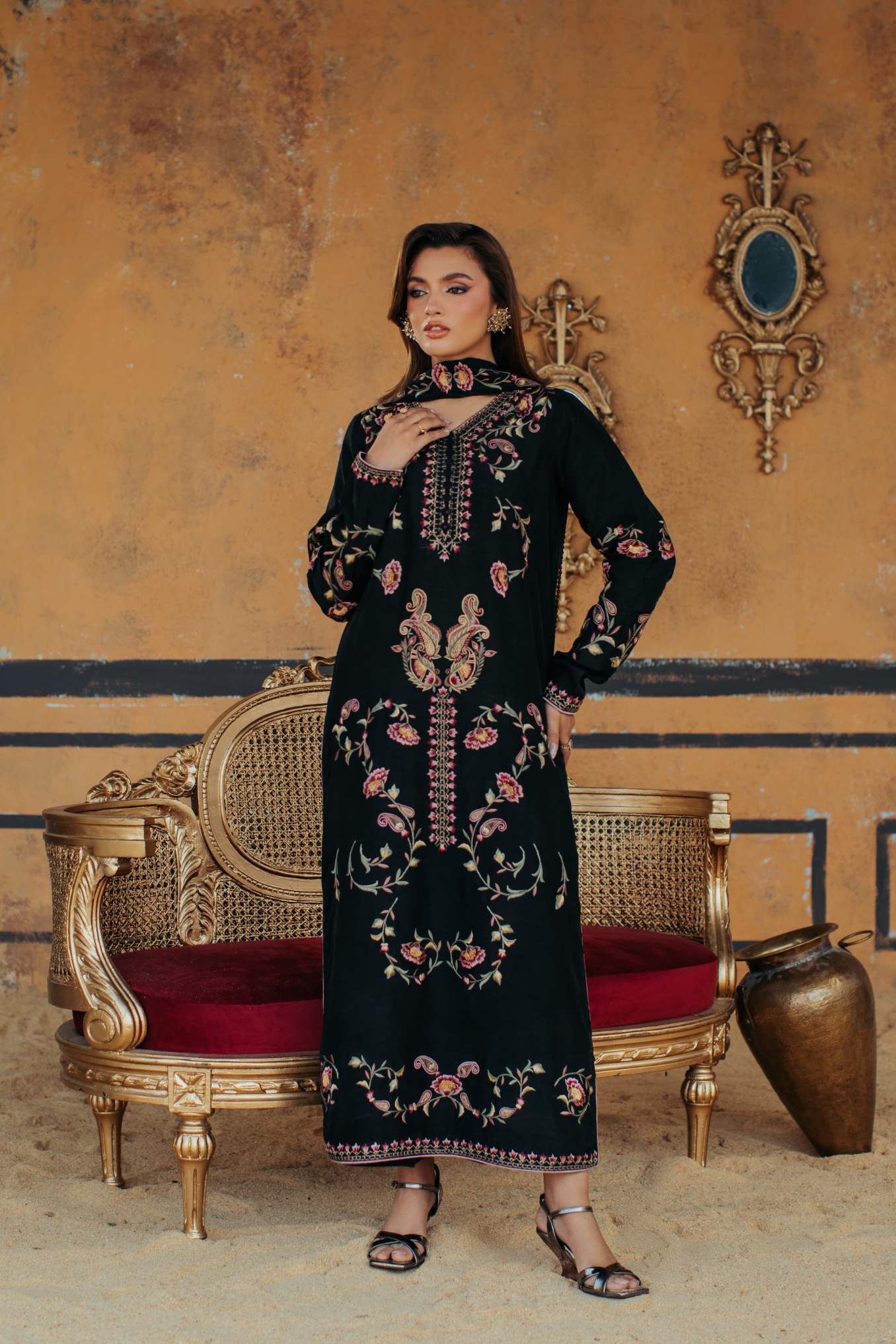 3-Piece Black Korean Raw Silk Embroidered