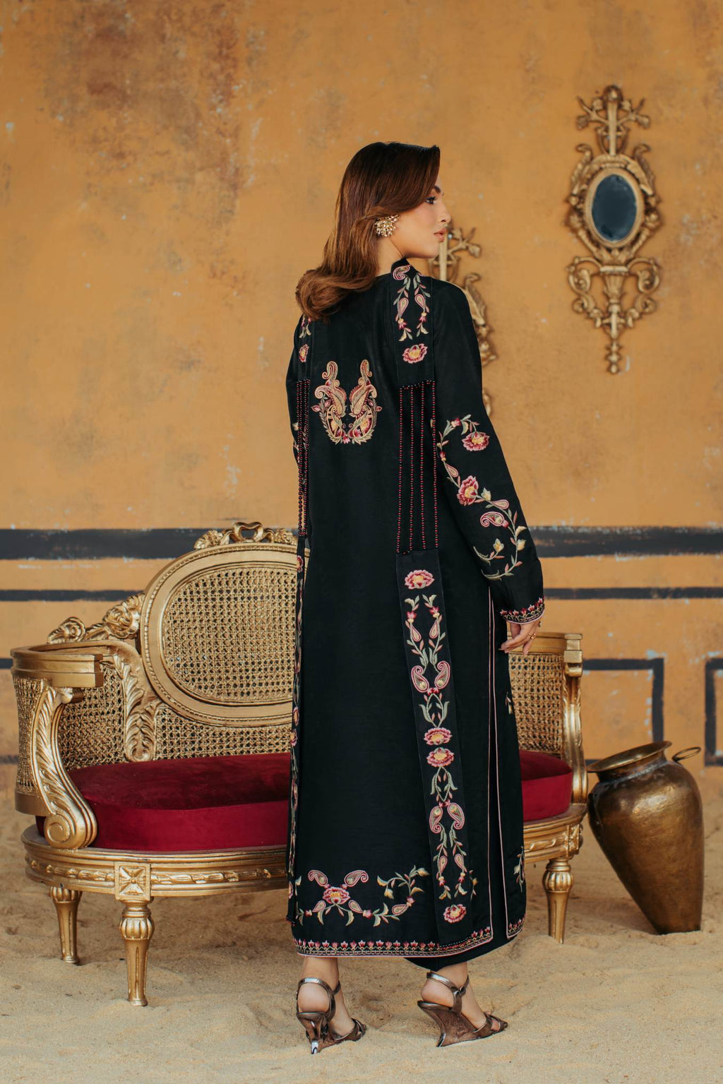 3-Piece Black Korean Raw Silk Embroidered