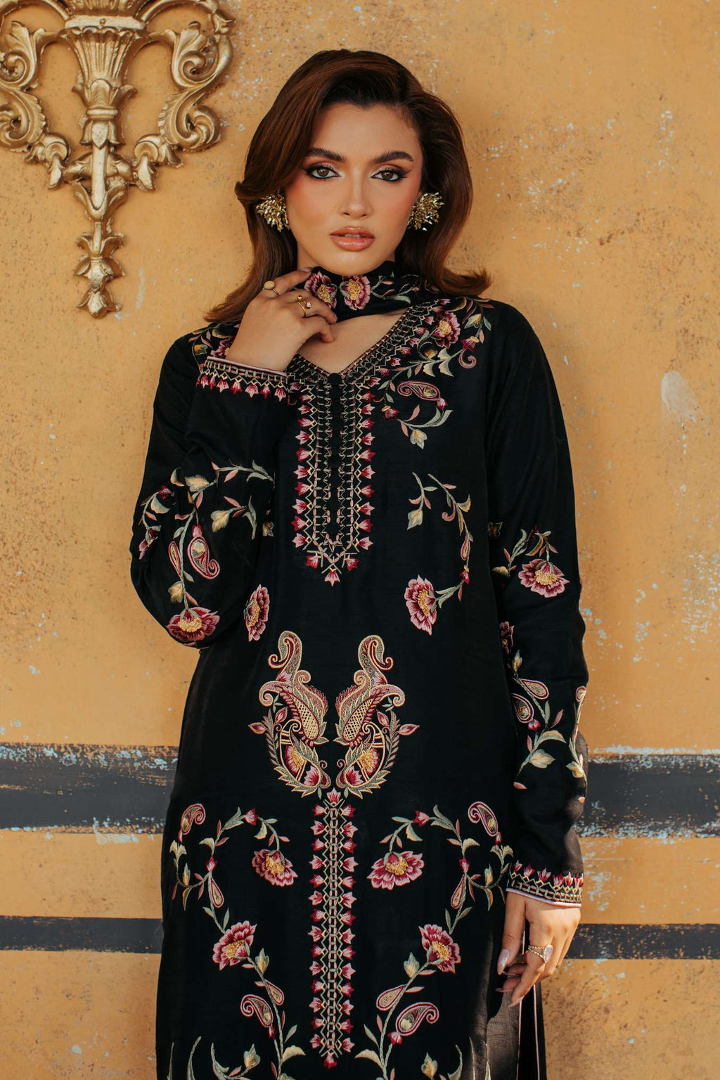 3-Piece Black Korean Raw Silk Embroidered