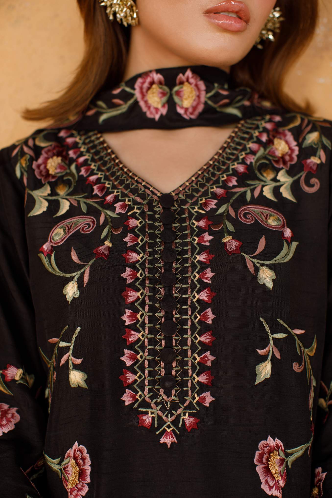 3-Piece Black Korean Raw Silk Embroidered