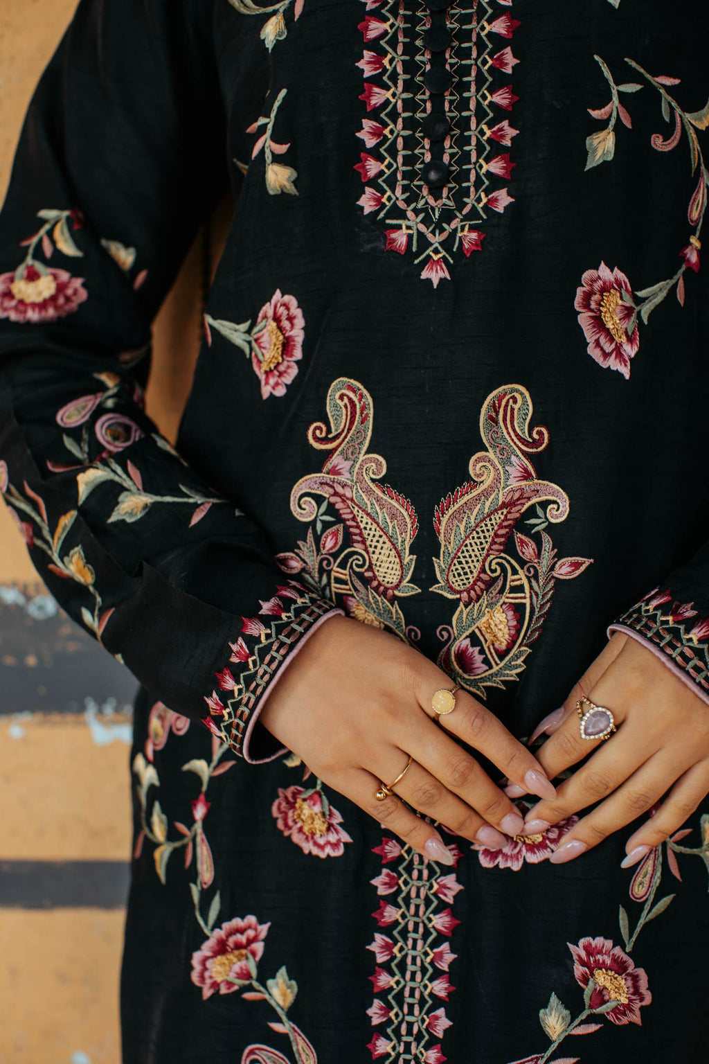 3-Piece Black Korean Raw Silk Embroidered