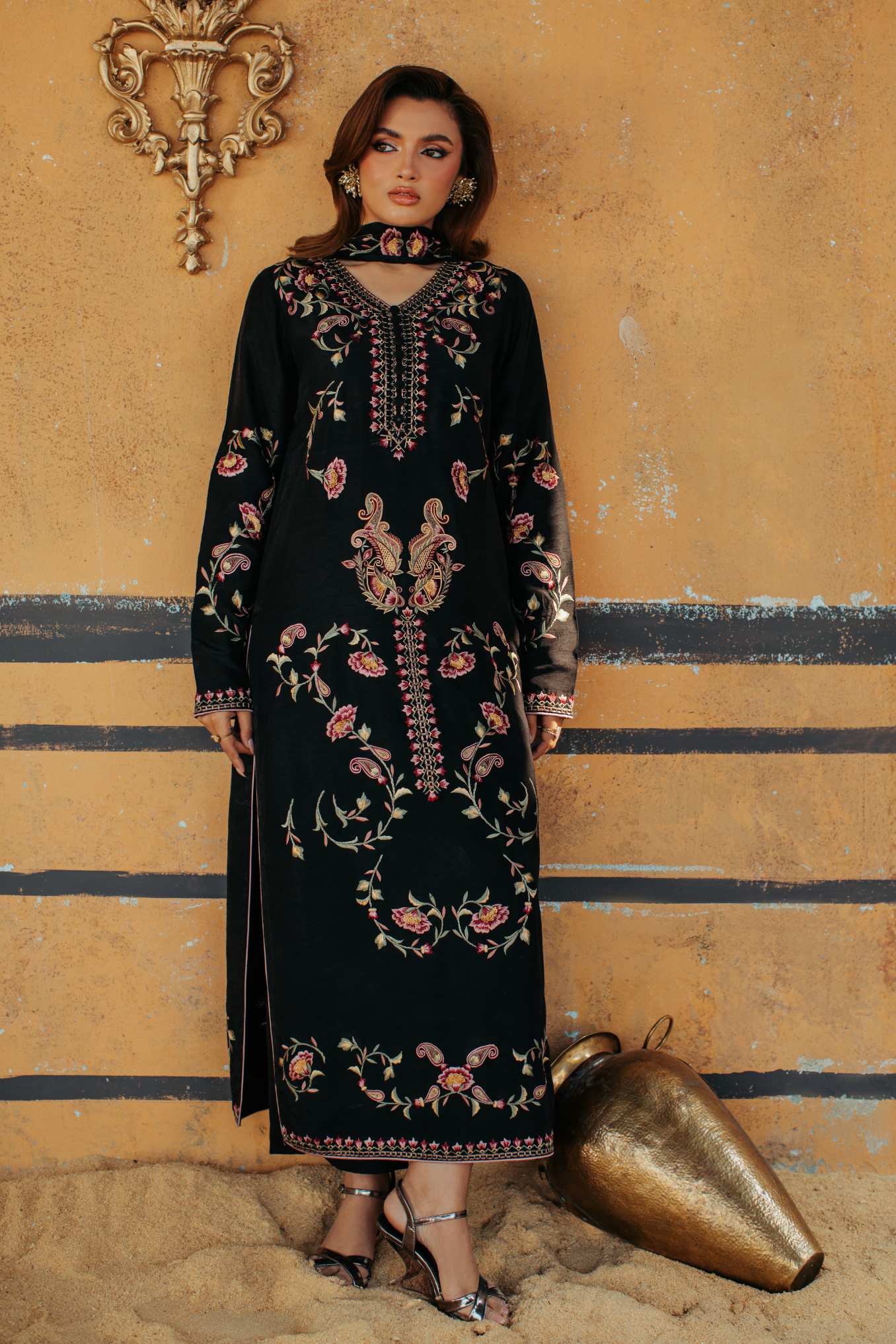 3-Piece Black Korean Raw Silk Embroidered