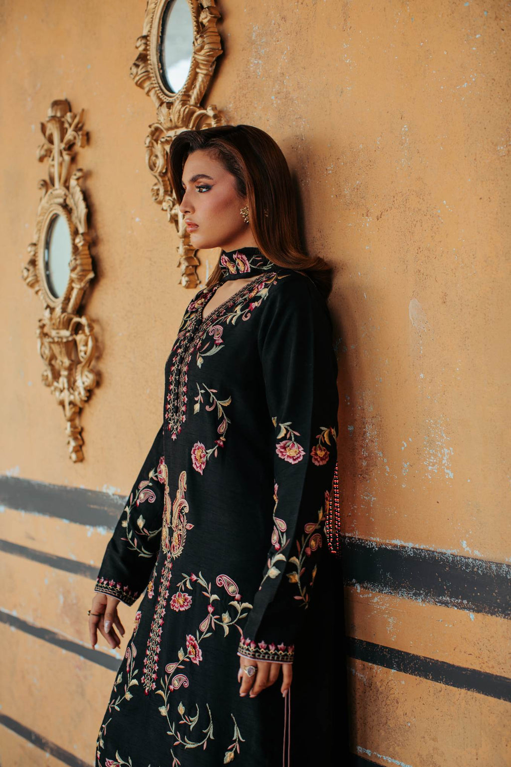 3-Piece Black Korean Raw Silk Embroidered