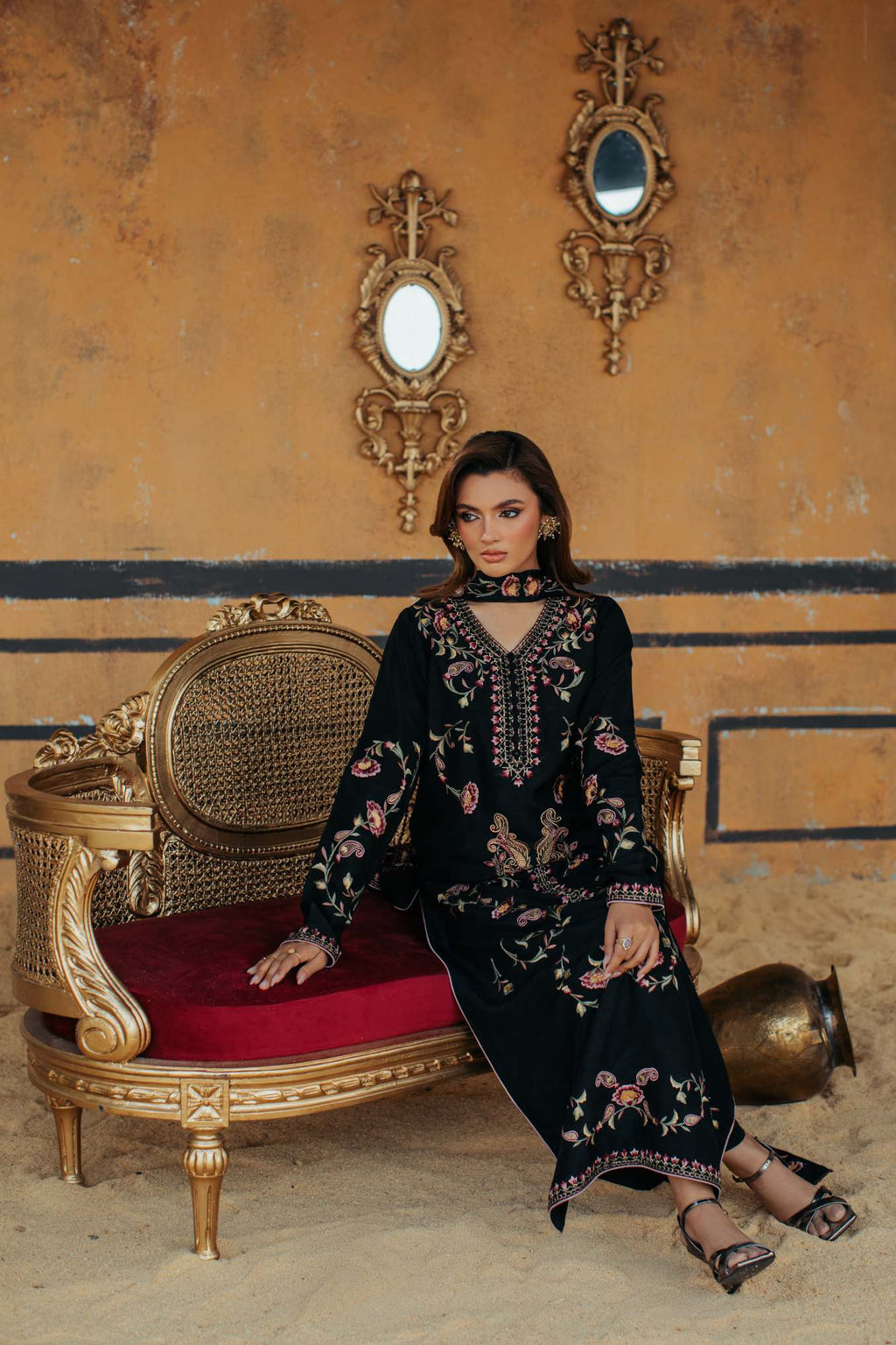 3-Piece Black Korean Raw Silk Embroidered
