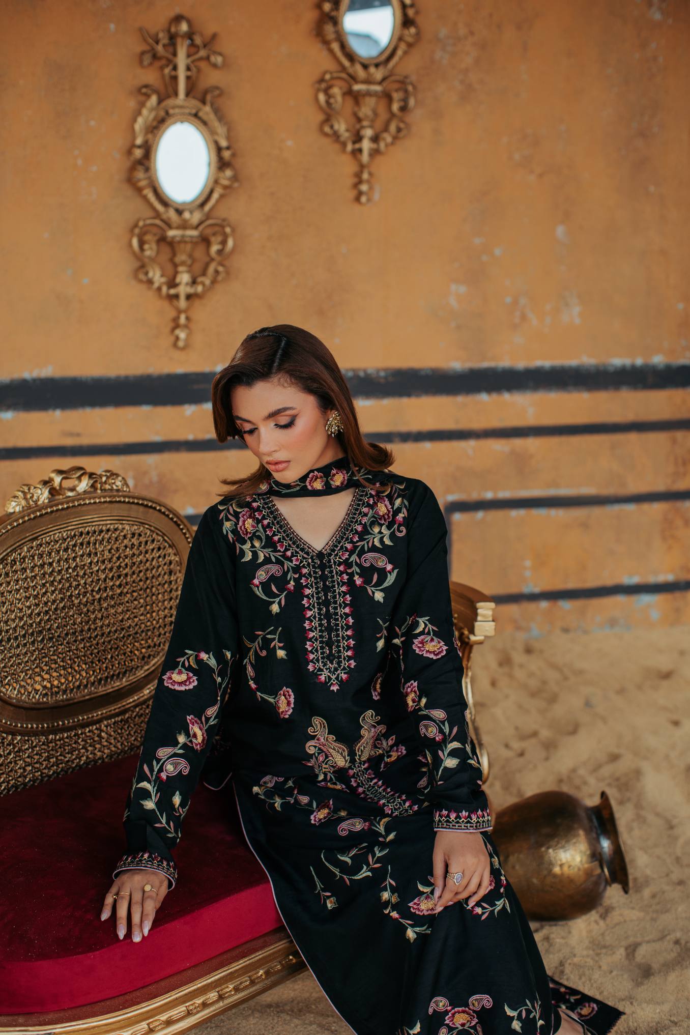 3-Piece Black Korean Raw Silk Embroidered