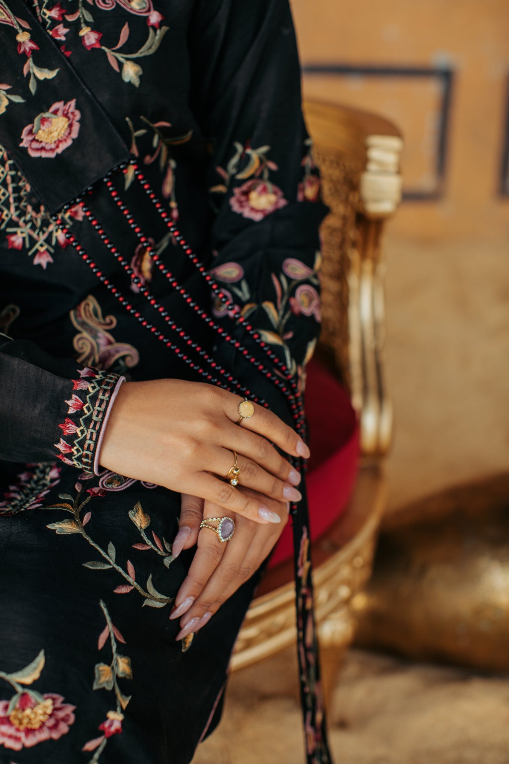 3-Piece Black Korean Raw Silk Embroidered