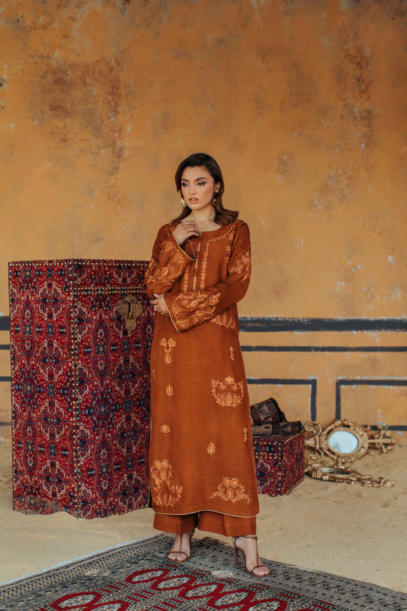 3-Piece Brown Korean Raw Silk Embroidered
