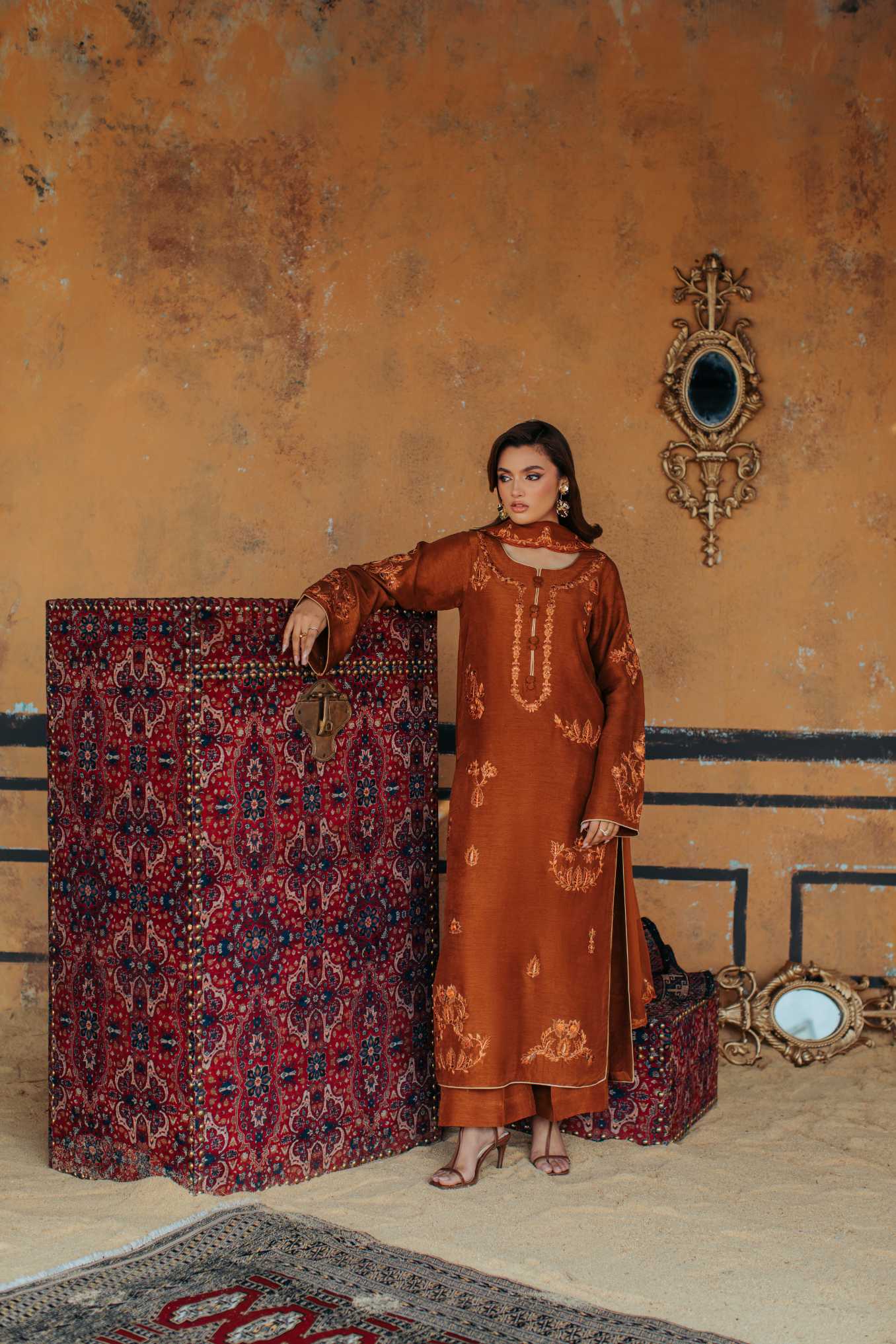 3-Piece Brown Korean Raw Silk Embroidered