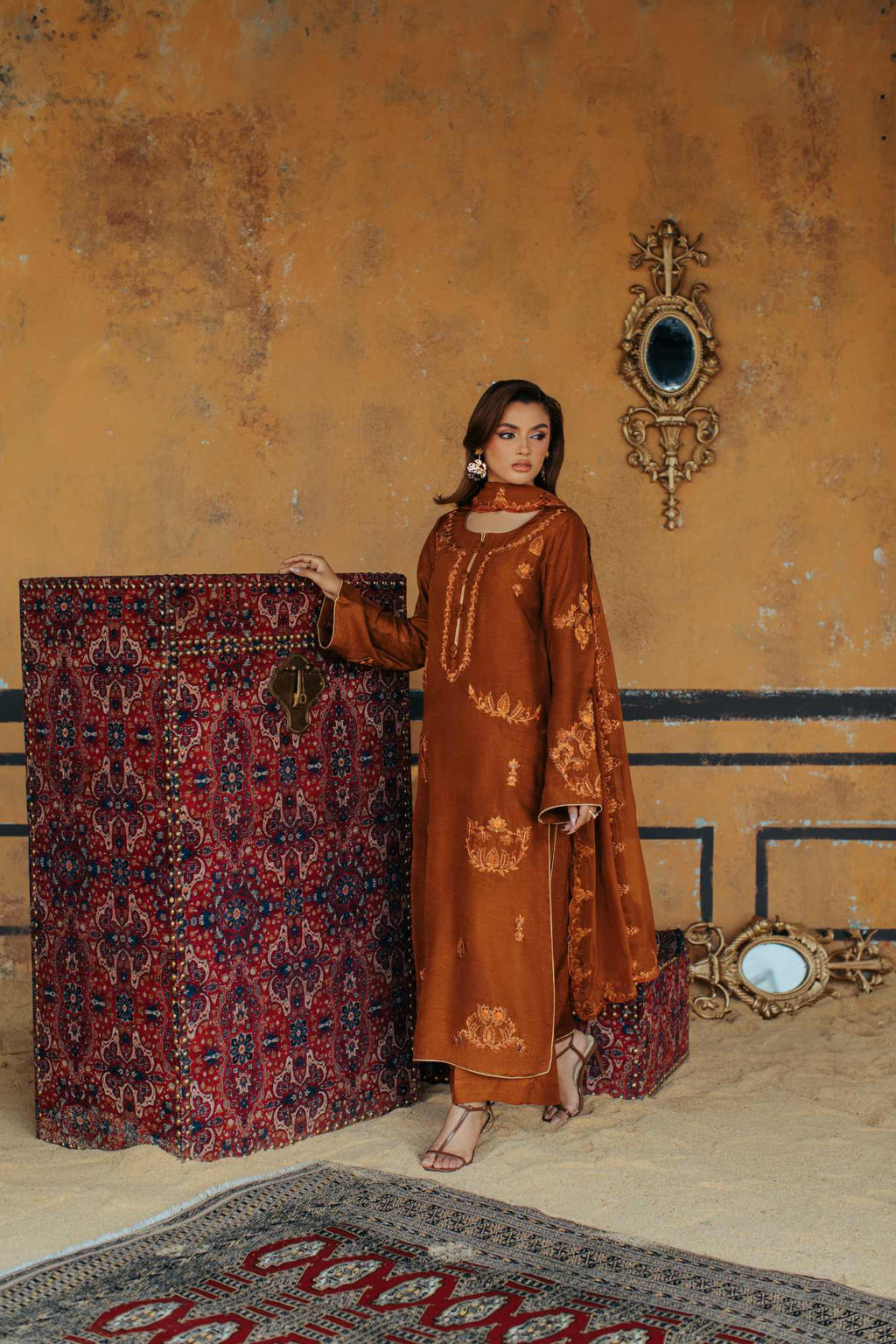 3-Piece Brown Korean Raw Silk Embroidered