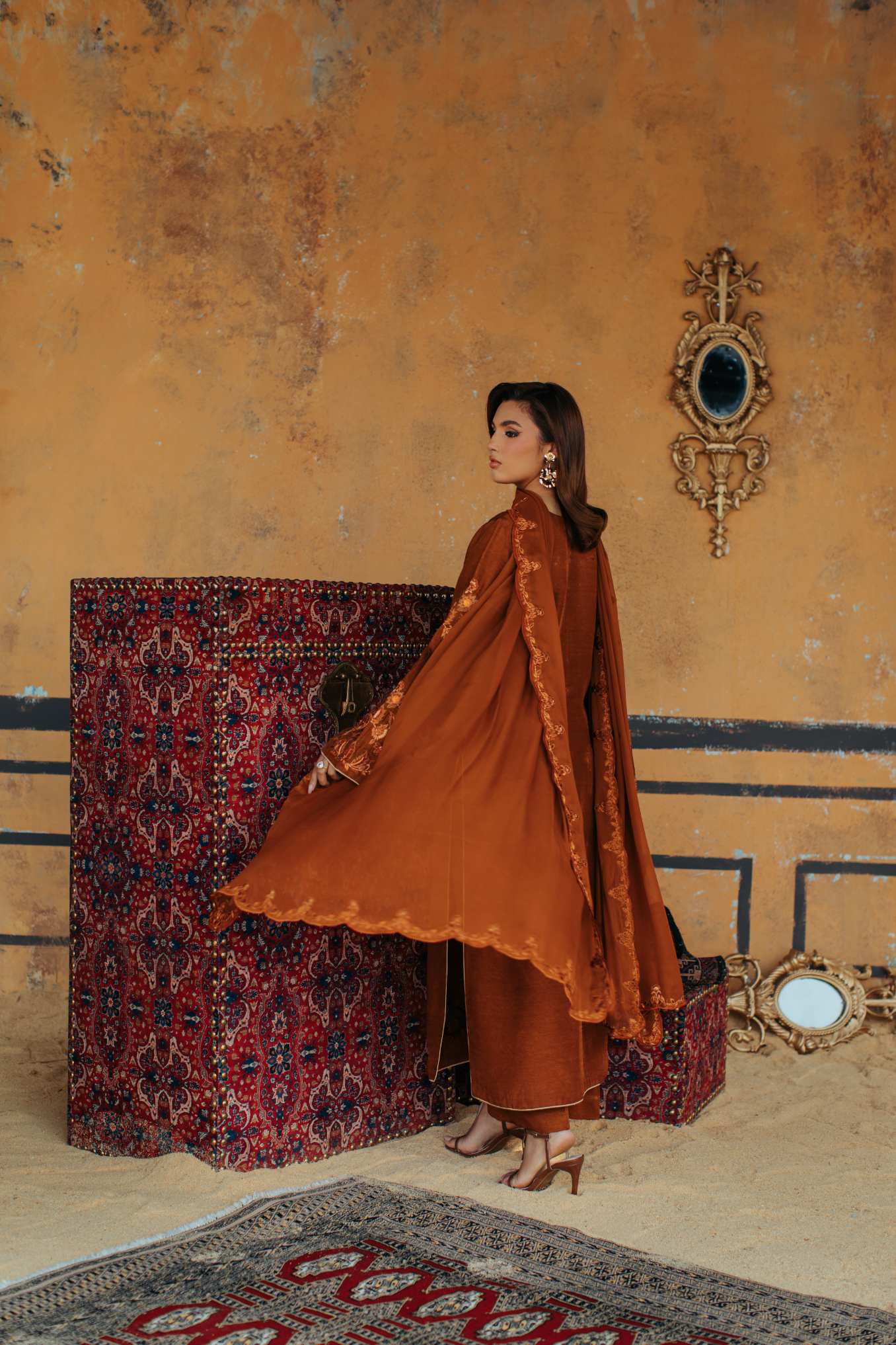 3-Piece Brown Korean Raw Silk Embroidered