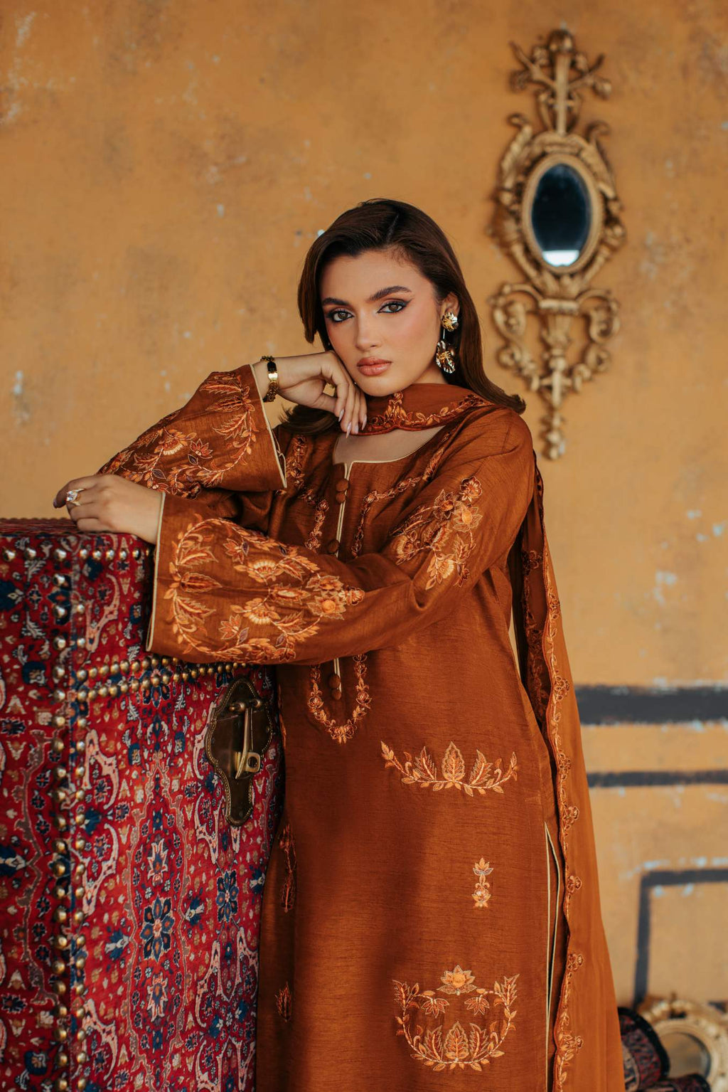3-Piece Brown Korean Raw Silk Embroidered