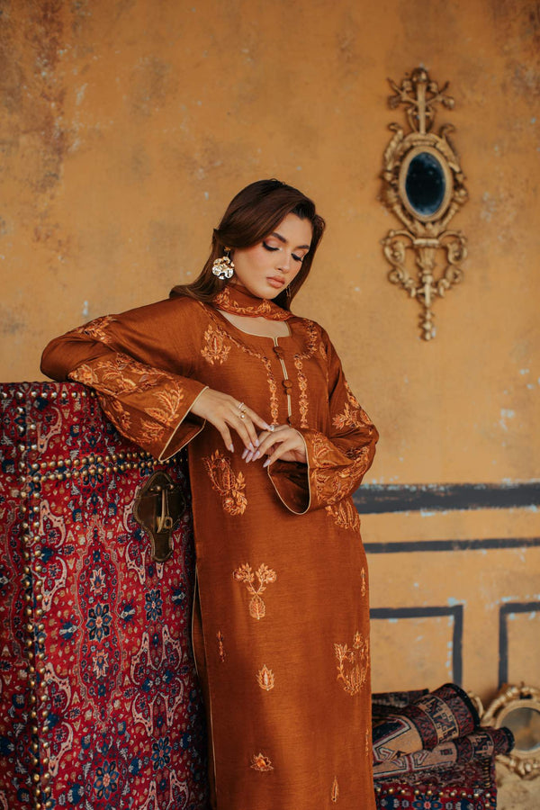 3-Piece Brown Korean Raw Silk Embroidered