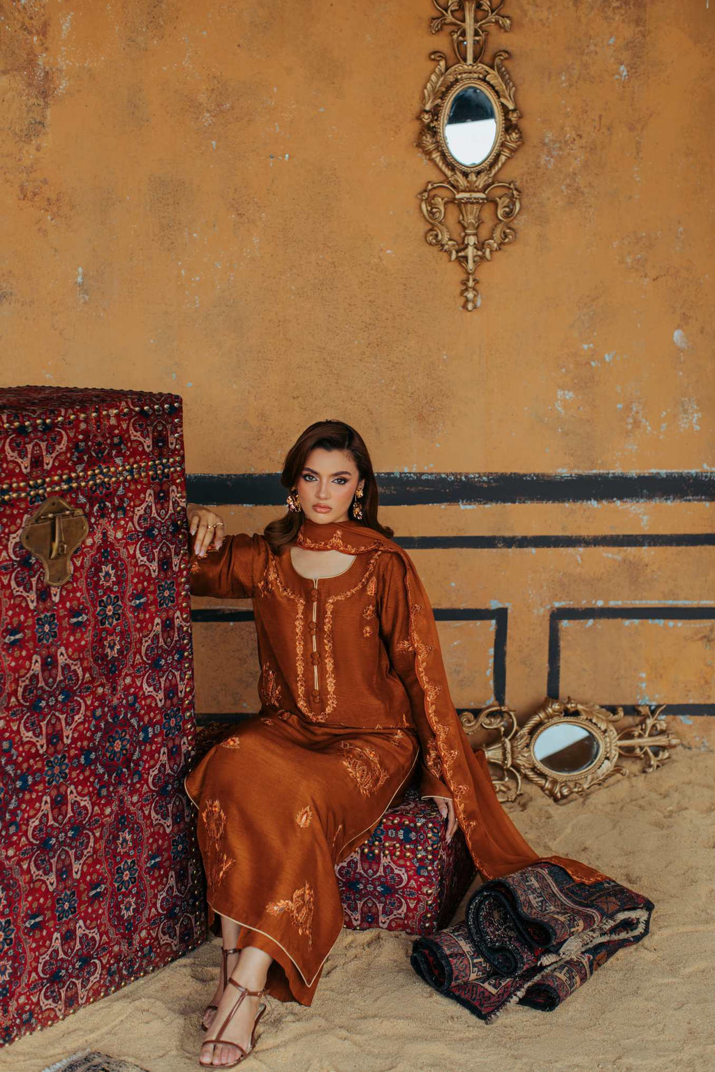 3-Piece Brown Korean Raw Silk Embroidered