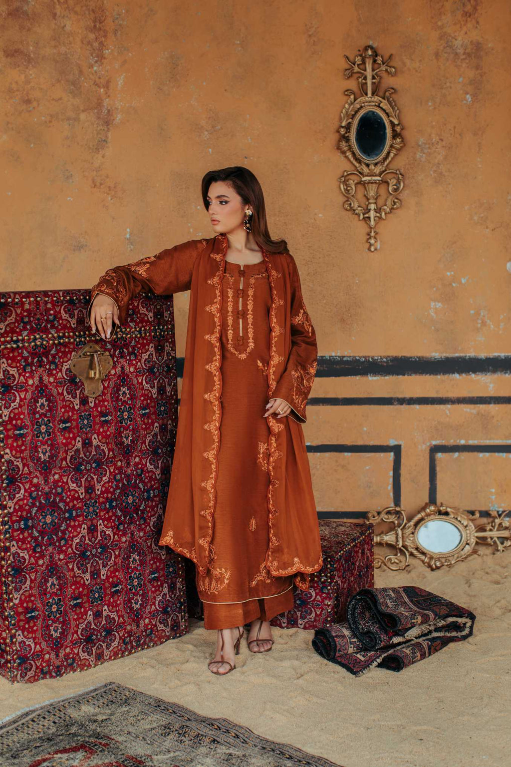 3-Piece Brown Korean Raw Silk Embroidered