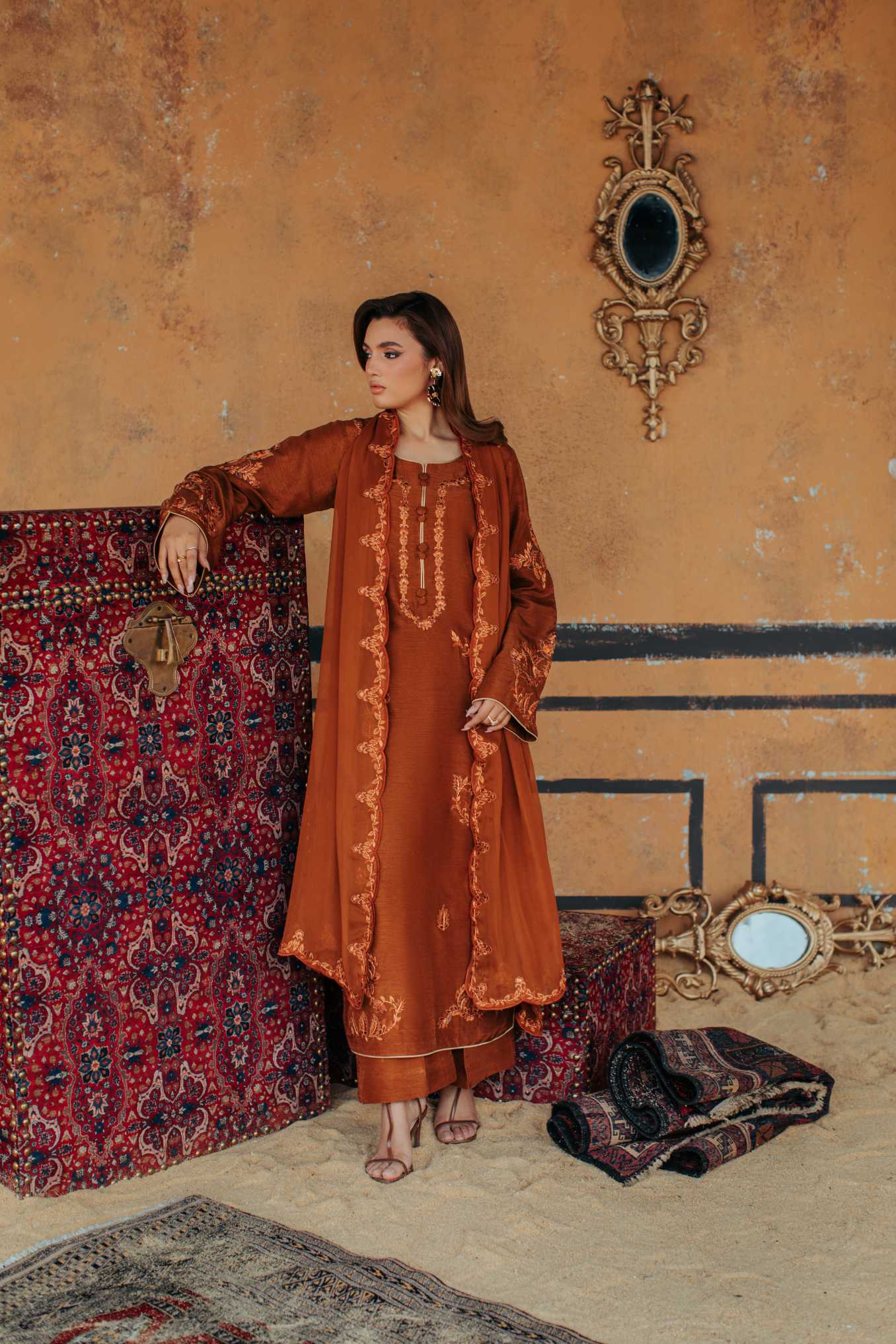 3-Piece Brown Korean Raw Silk Embroidered