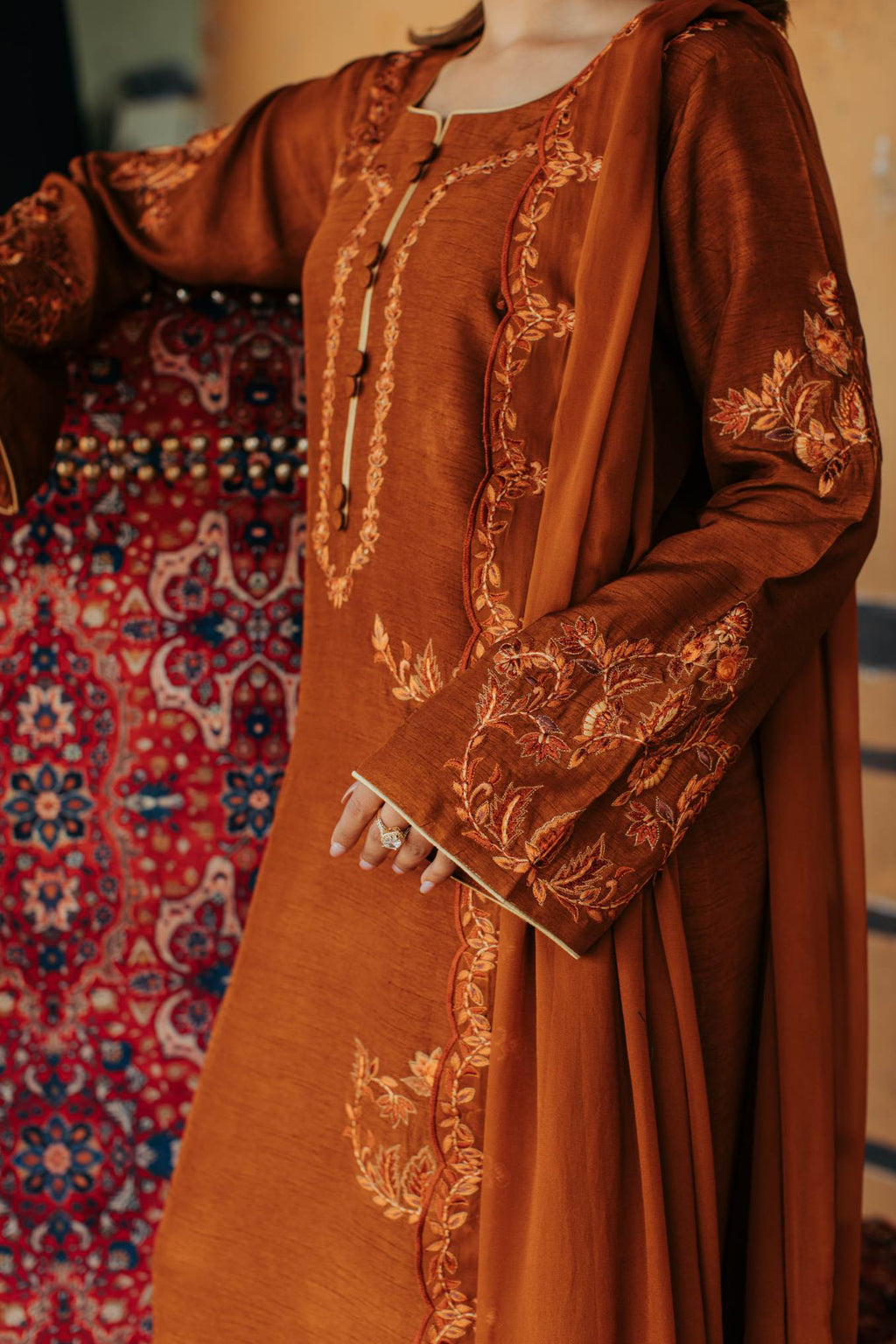 3-Piece Brown Korean Raw Silk Embroidered