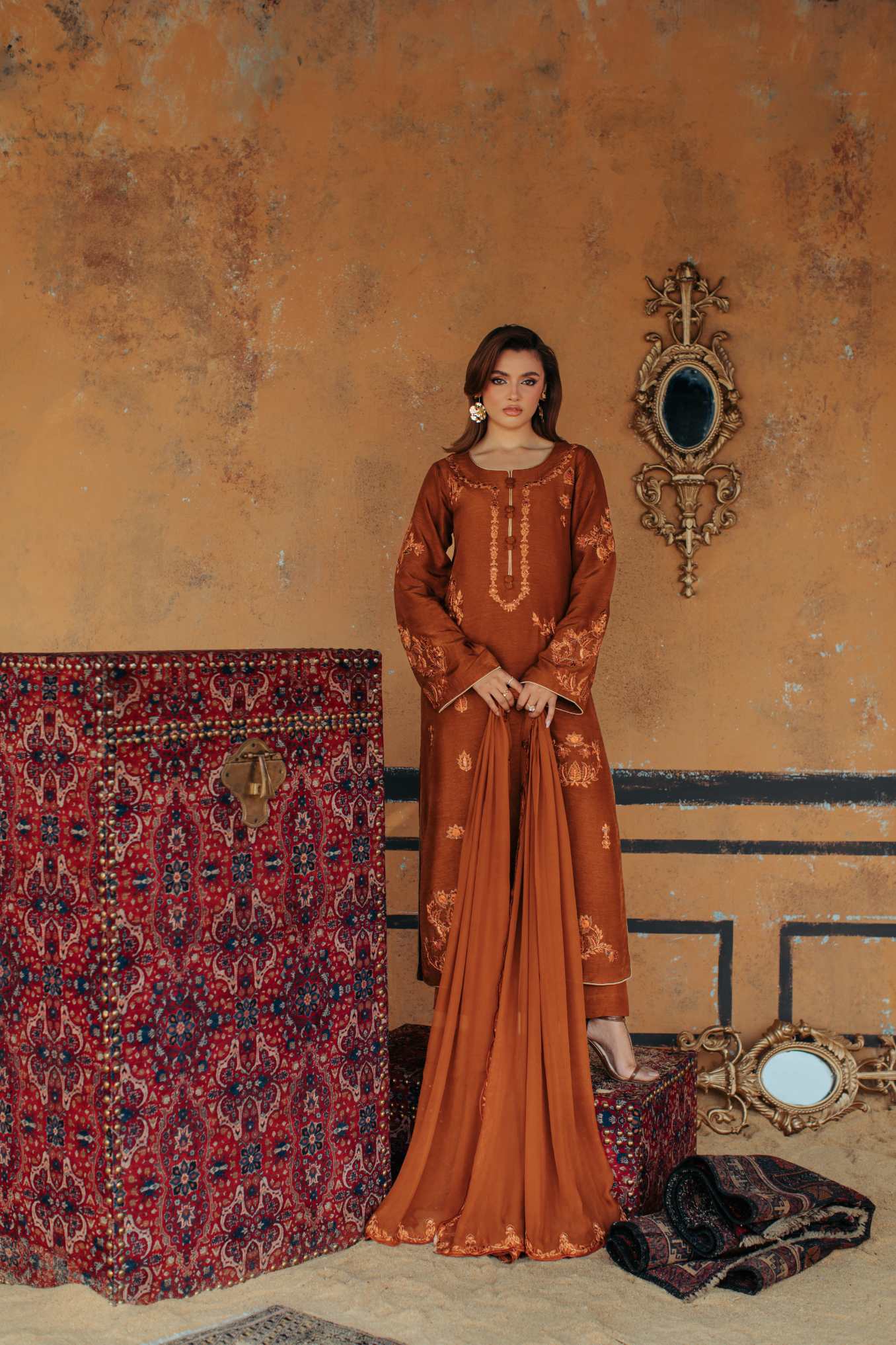3-Piece Brown Korean Raw Silk Embroidered
