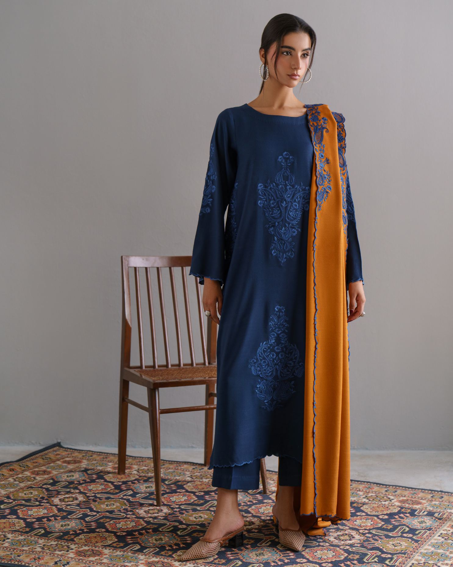 3-Piece Blue Woolina Embroidered