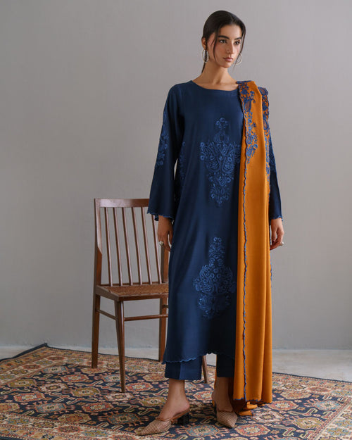 3-Piece Blue Woolina Embroidered
