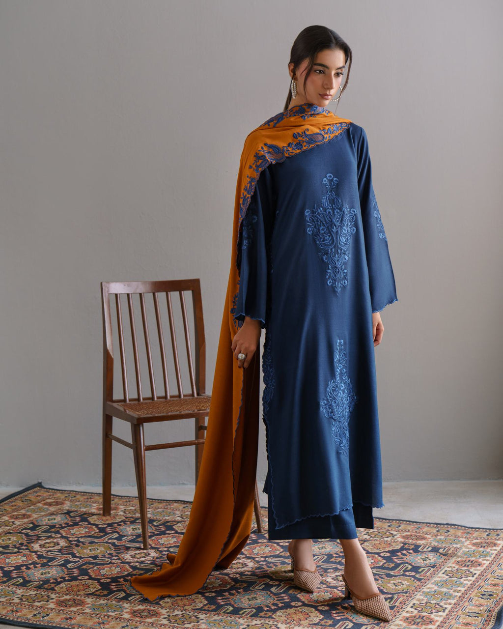 3-Piece Blue Woolina Embroidered